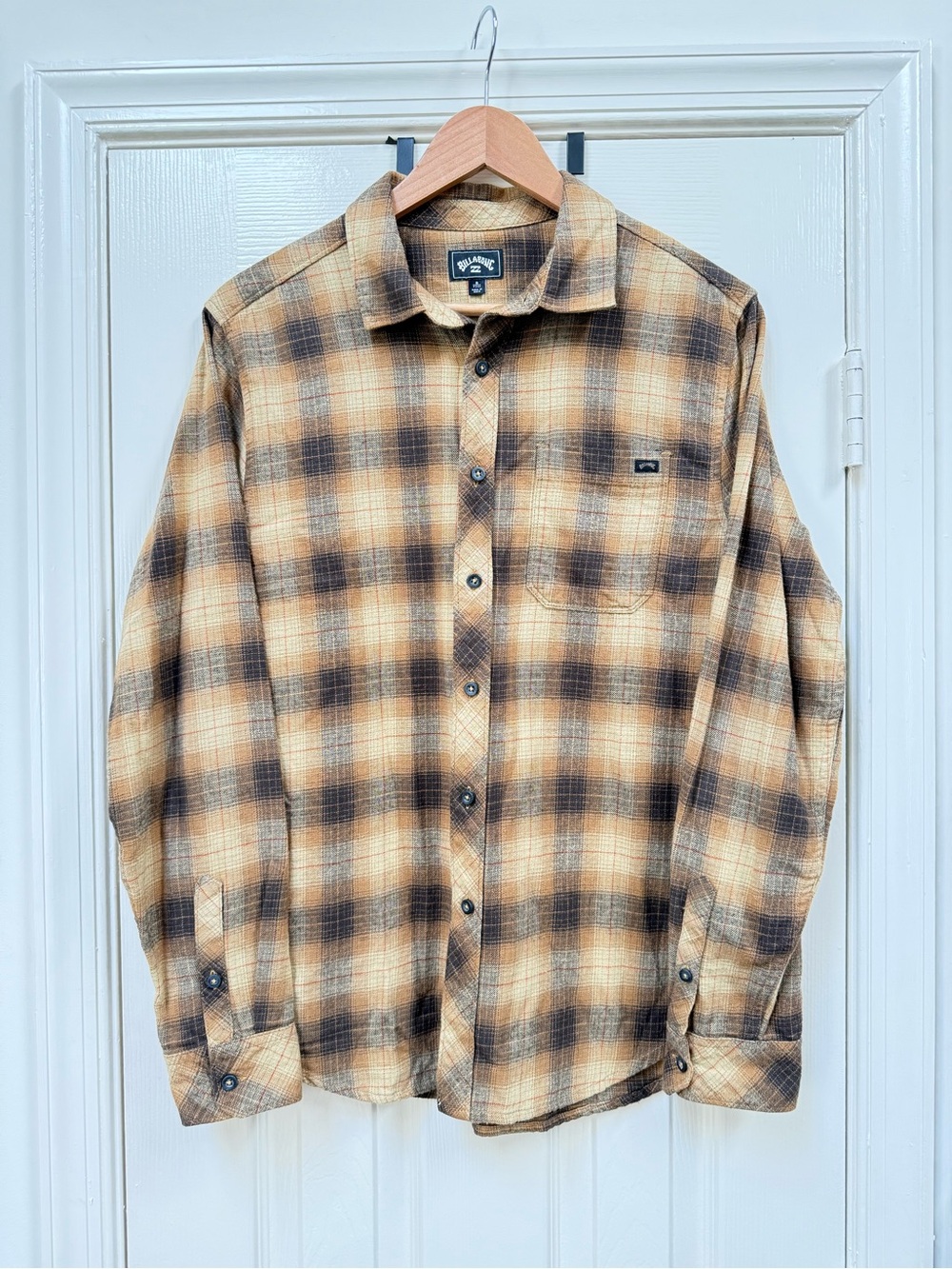 Billabong Beige/Brown Plaid Surfer Skater Style Flannel Button-Up Shirt Sz Small